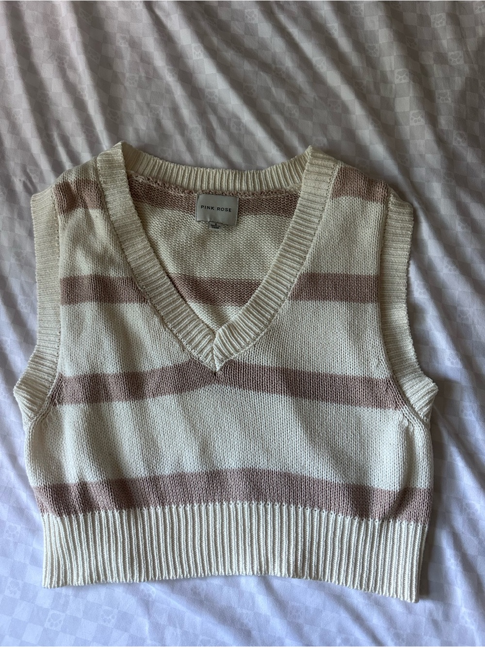 Pink Rose Tan Cream Striped V-Neck Knit Cropped Sweater Vest Size S